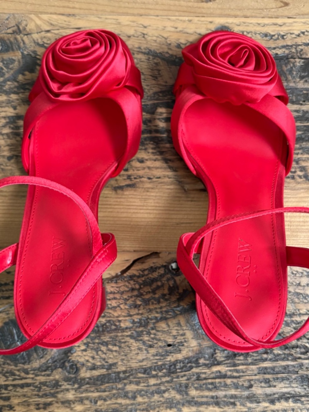 J.Crew Red Satin Rosette Ankle Strap Block Heel Sandals Size 8